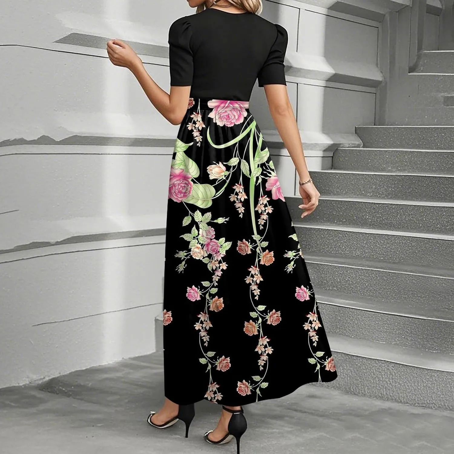 Maxi Flower Print 2025 Dresses for Women, Beach Elegant Womens Jumpsuit Spring Bow Crew Neck Rompers for Women