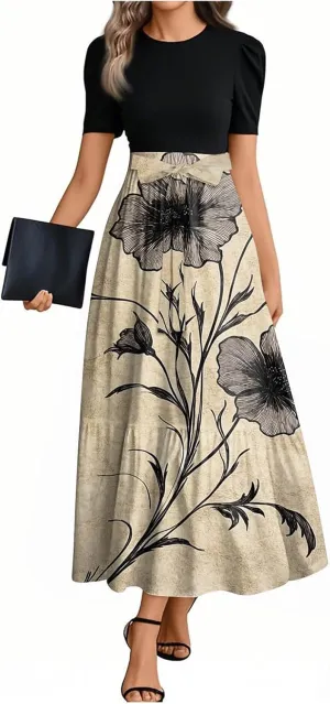 Maxi Flower Print 2025 Womens Dresses, Beach Spring Womens Jumpsuit Elegant Bow High Waisted Romper