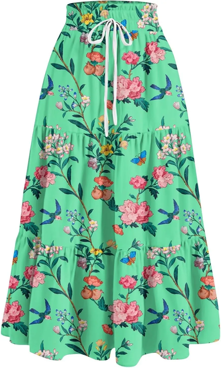 Maxi Long Skirts for Women Summer Floral Tiered A Line Pleated Swing Skirts Boho Flowy Renaissance Vacation Skirt