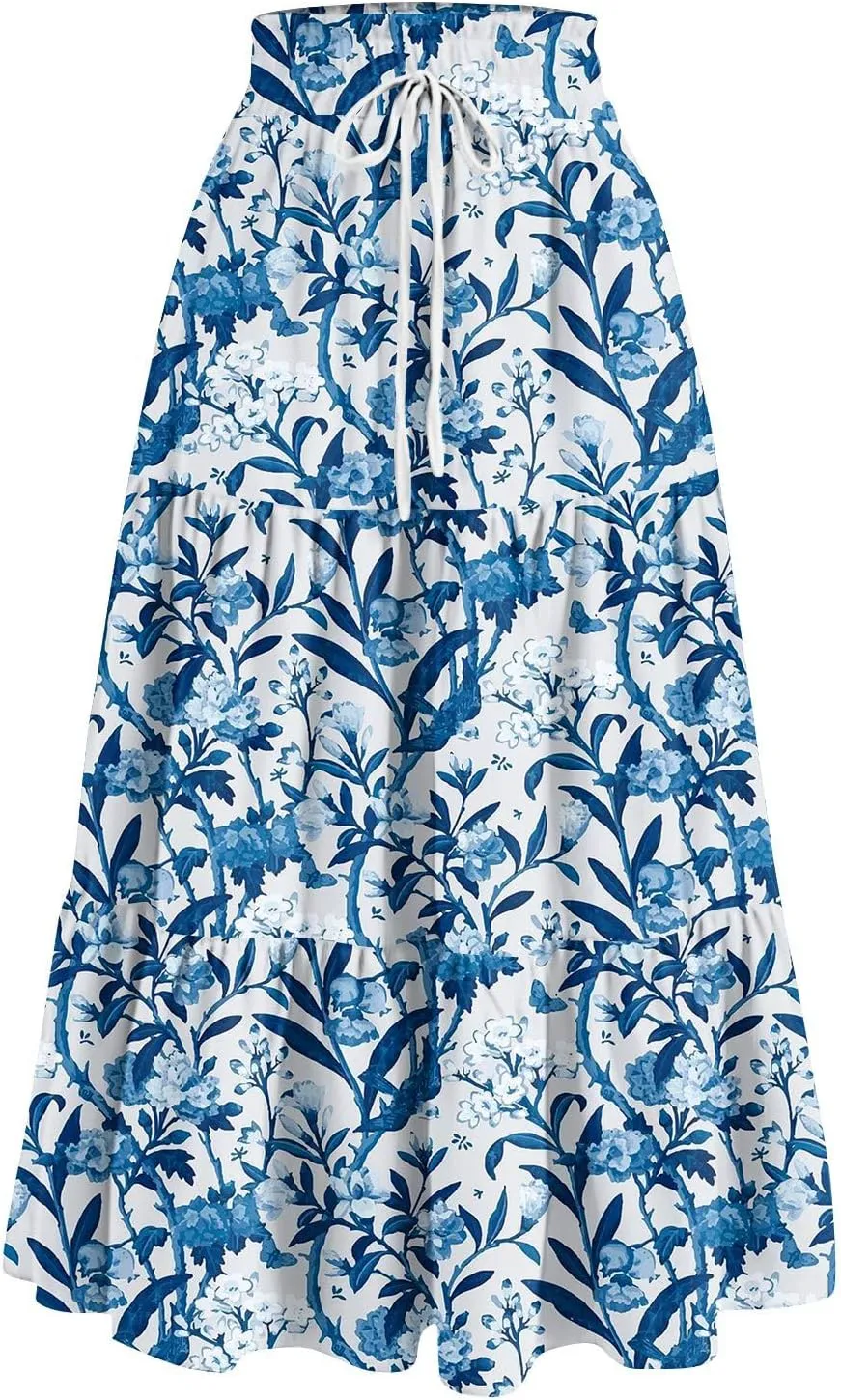 Maxi Long Skirts for Women Summer Floral Tiered A Line Pleated Swing Skirts Boho Flowy Renaissance Vacation Skirt