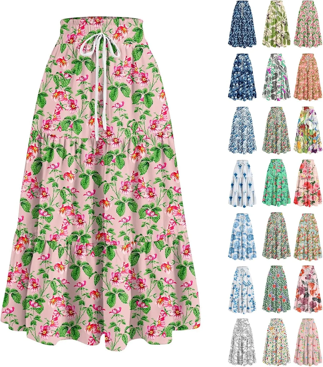 Maxi Long Skirts for Women Summer Floral Tiered A Line Pleated Swing Skirts Boho Flowy Renaissance Vacation Skirt