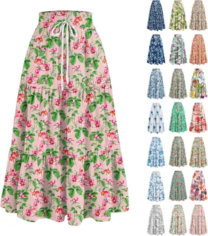 Maxi Long Skirts for Women Summer Floral Tiered A Line Pleated Swing Skirts Boho Flowy Renaissance Vacation Skirt