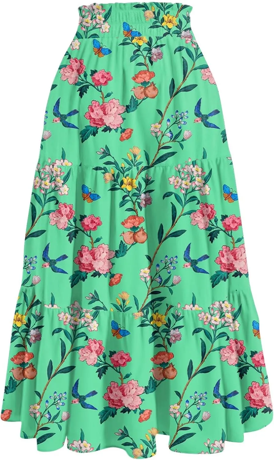 Maxi Long Skirts for Women Summer Floral Tiered A Line Pleated Swing Skirts Boho Flowy Renaissance Vacation Skirt