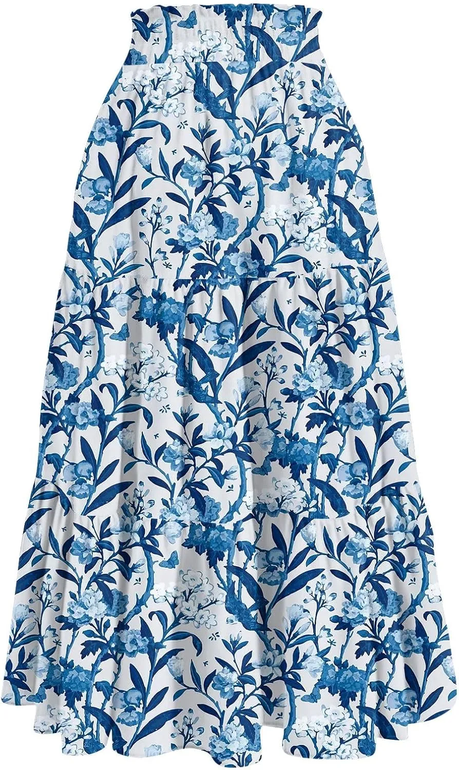 Maxi Long Skirts for Women Summer Floral Tiered A Line Pleated Swing Skirts Boho Flowy Renaissance Vacation Skirt