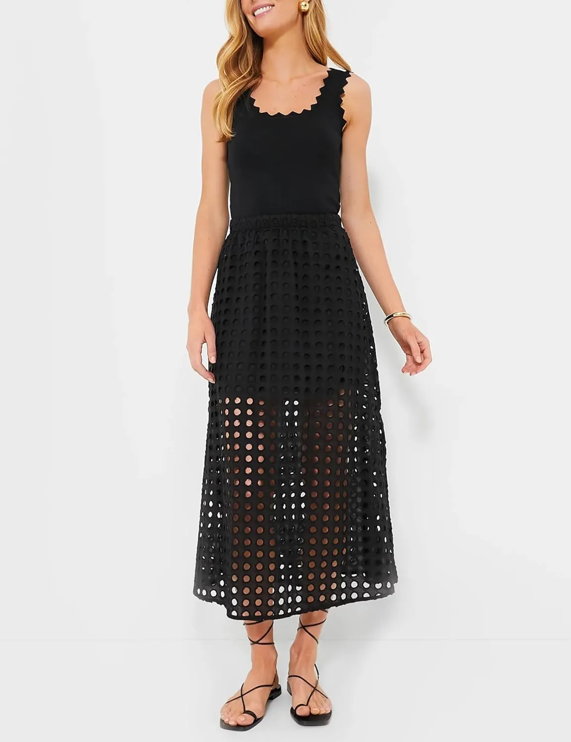 Maxi Skirt for Women Cotton Eyelet Summer Casual Beach Long Skirts Elastic High Waist A-line Straight with Underneath