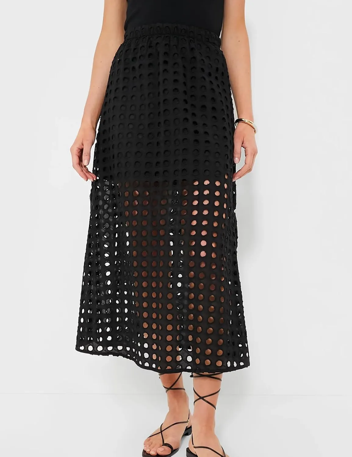 Maxi Skirt for Women Cotton Eyelet Summer Casual Beach Long Skirts Elastic High Waist A-line Straight with Underneath