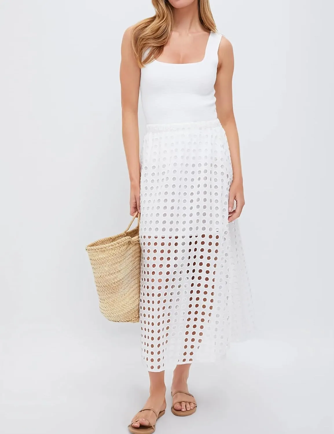Maxi Skirt for Women Cotton Eyelet Summer Casual Beach Long Skirts Elastic High Waist A-line Straight with Underneath