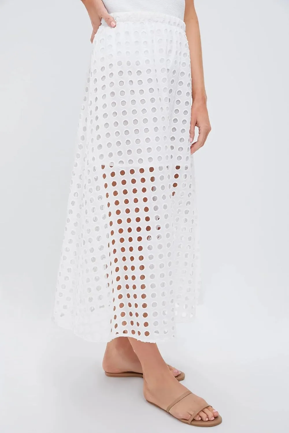 Maxi Skirt for Women Cotton Eyelet Summer Casual Beach Long Skirts Elastic High Waist A-line Straight with Underneath