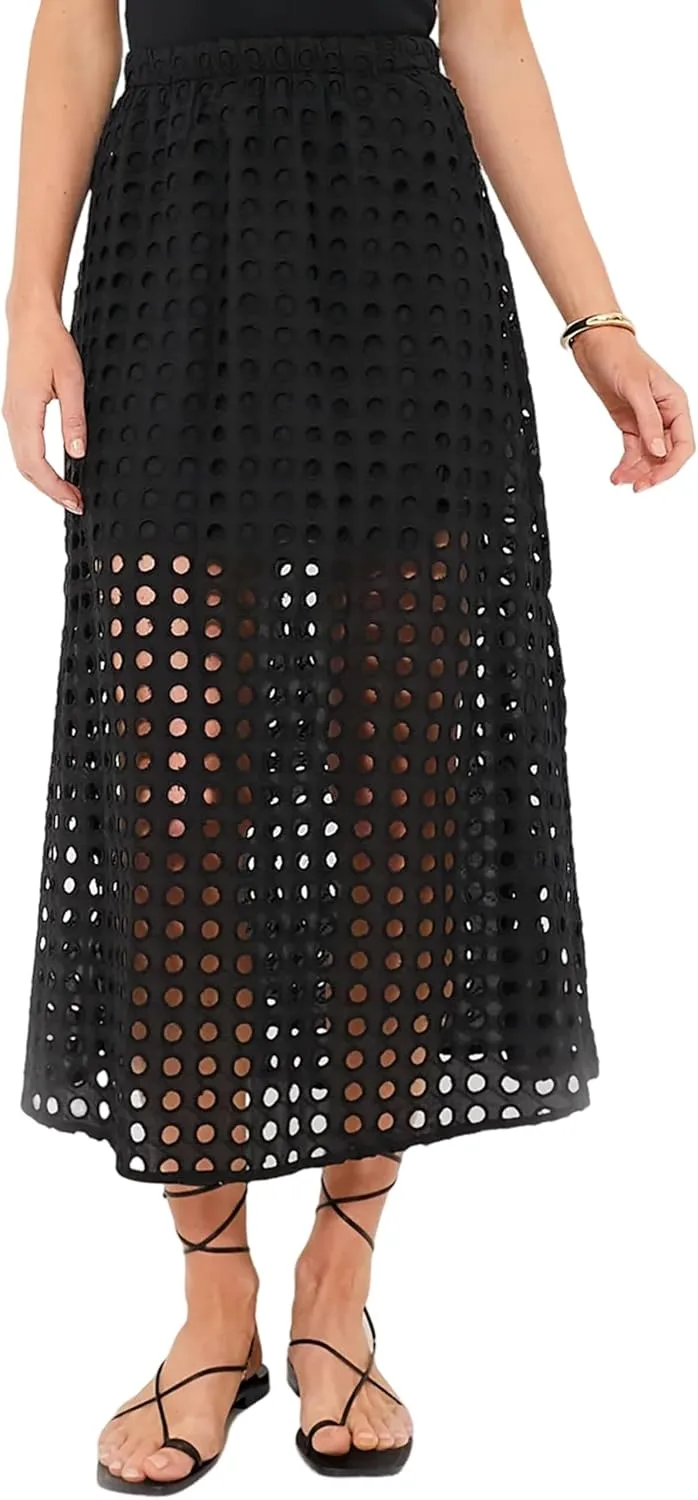 Maxi Skirt for Women Cotton Eyelet Summer Casual Beach Long Skirts Elastic High Waist A-line Straight with Underneath