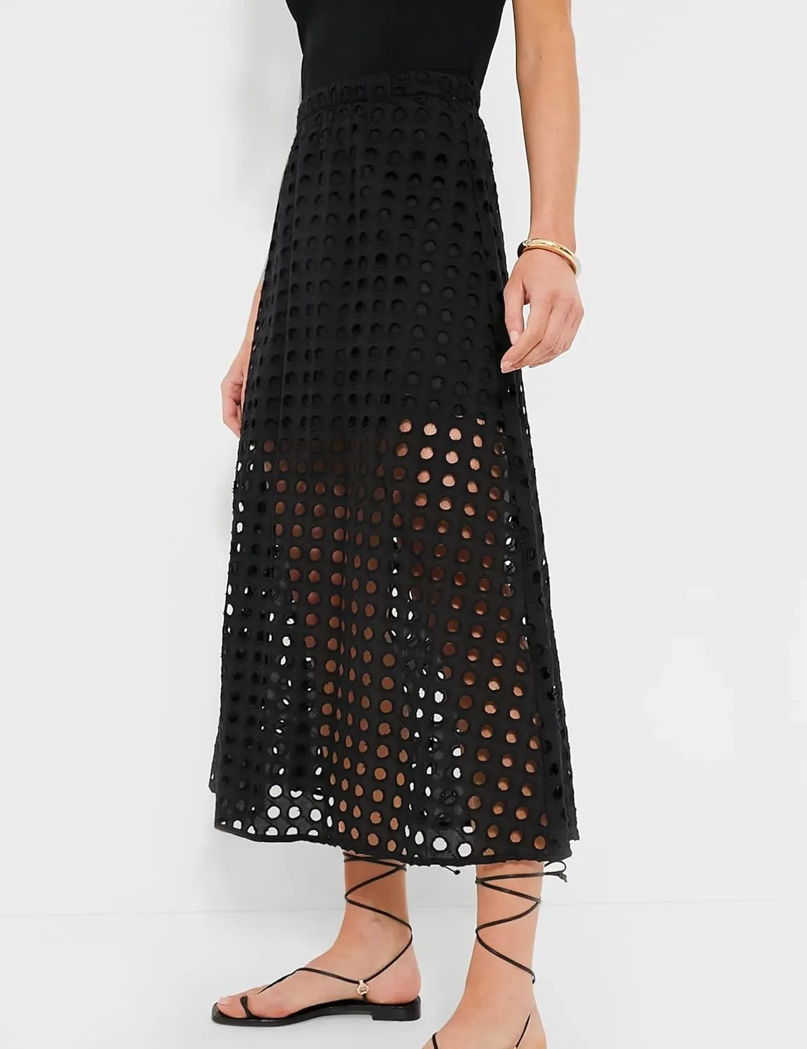Maxi Skirt for Women Cotton Eyelet Summer Casual Beach Long Skirts Elastic High Waist A-line Straight with Underneath