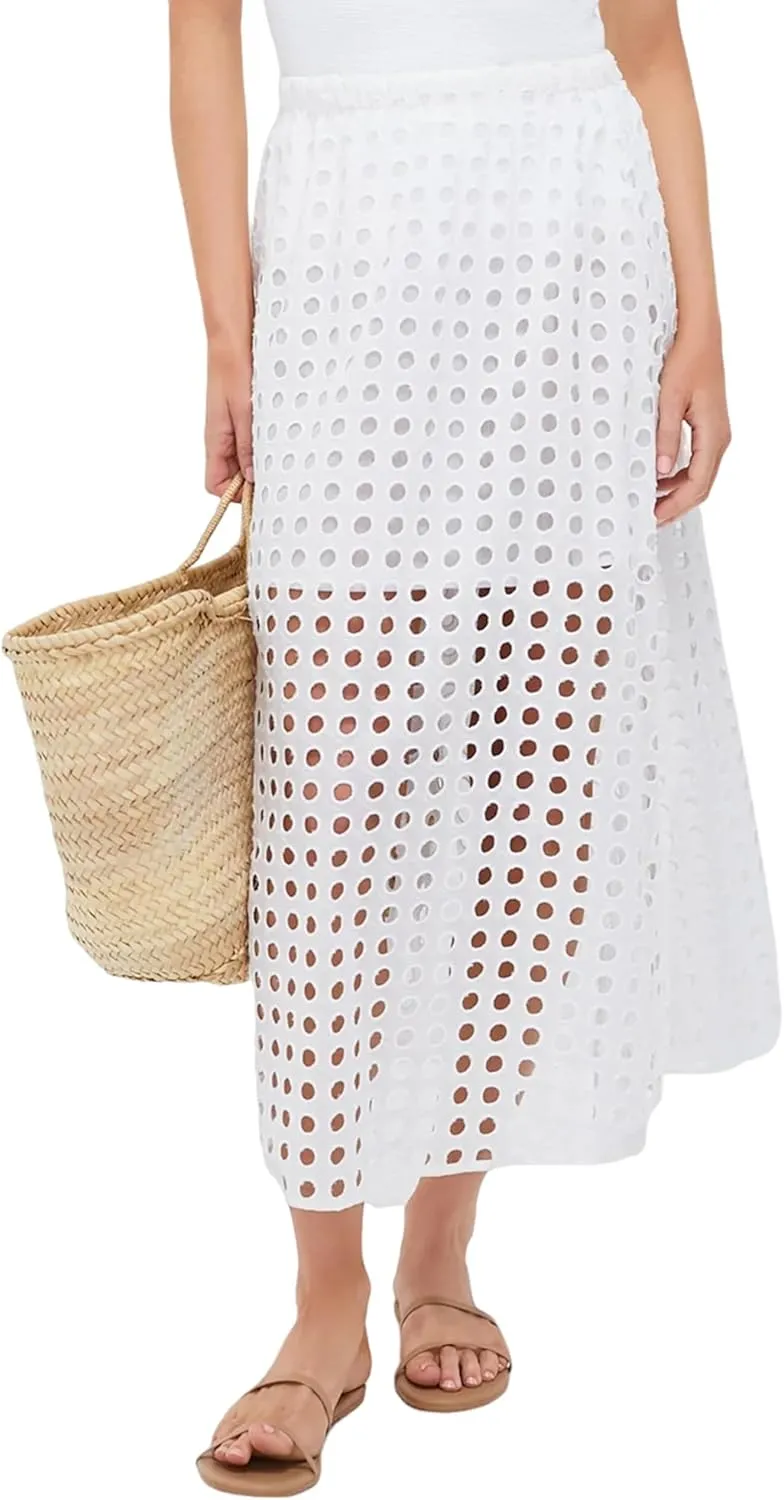Maxi Skirt for Women Cotton Eyelet Summer Casual Beach Long Skirts Elastic High Waist A-line Straight with Underneath