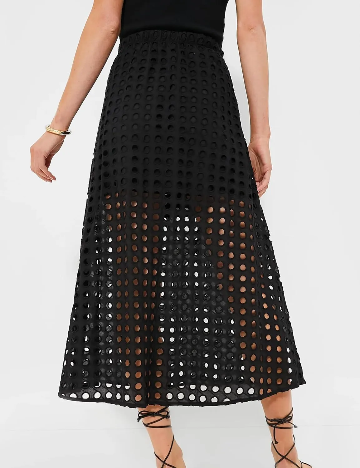 Maxi Skirt for Women Cotton Eyelet Summer Casual Beach Long Skirts Elastic High Waist A-line Straight with Underneath
