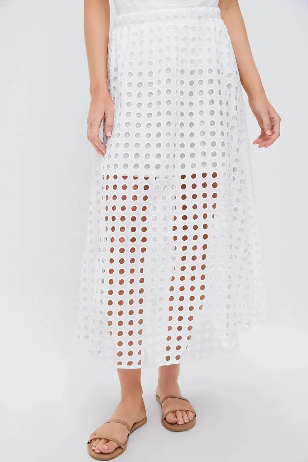 Maxi Skirt for Women Cotton Eyelet Summer Casual Beach Long Skirts Elastic High Waist A-line Straight with Underneath