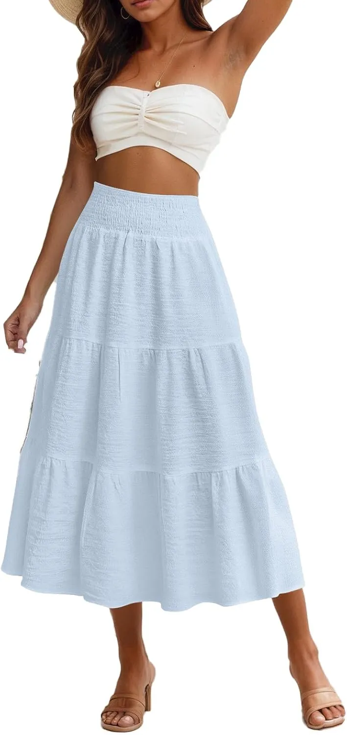Maxi Skirts for Women 2025 Long Flowy Tiered Ruffle Linen Skirt Beach Summer A-Line Elastic High Waisted Skirts