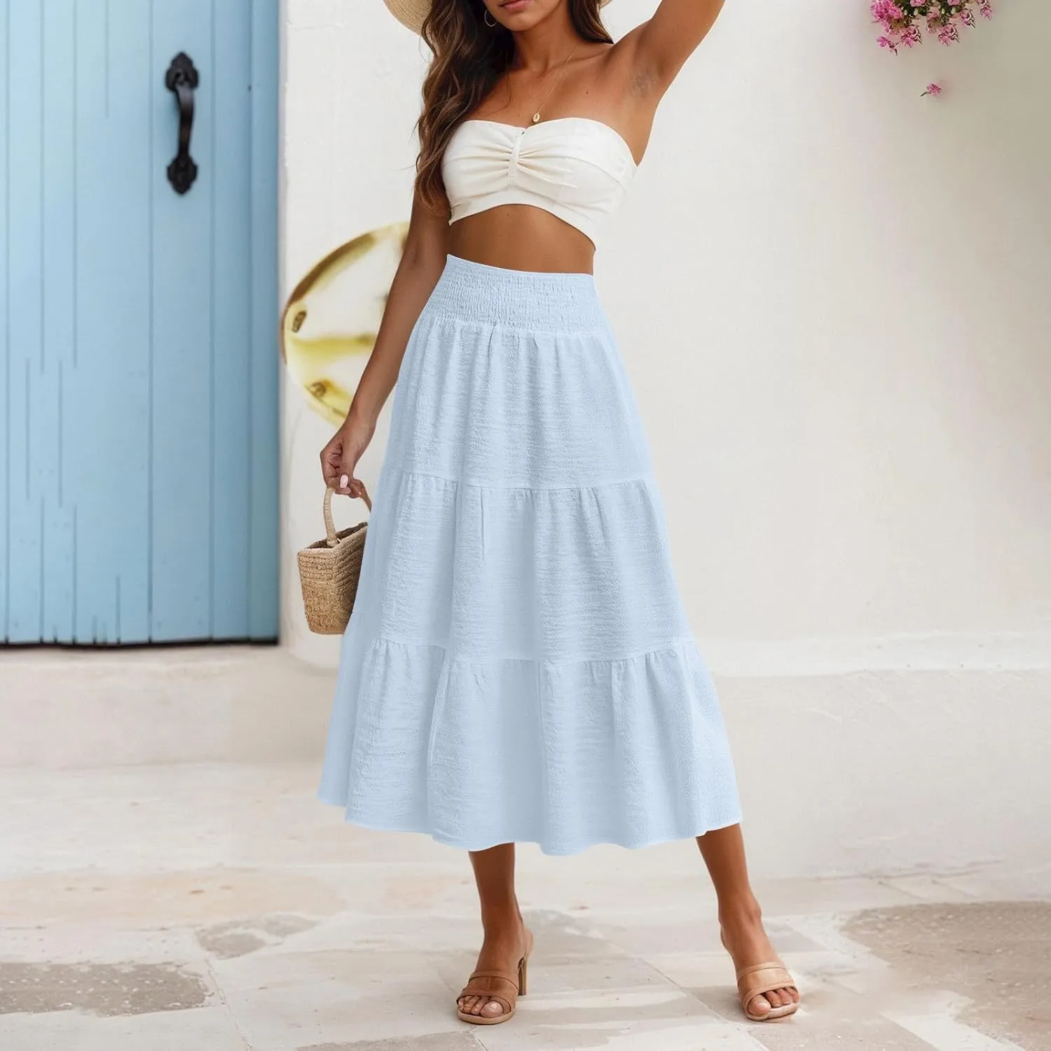 Maxi Skirts for Women 2025 Long Flowy Tiered Ruffle Linen Skirt Beach Summer A-Line Elastic High Waisted Skirts