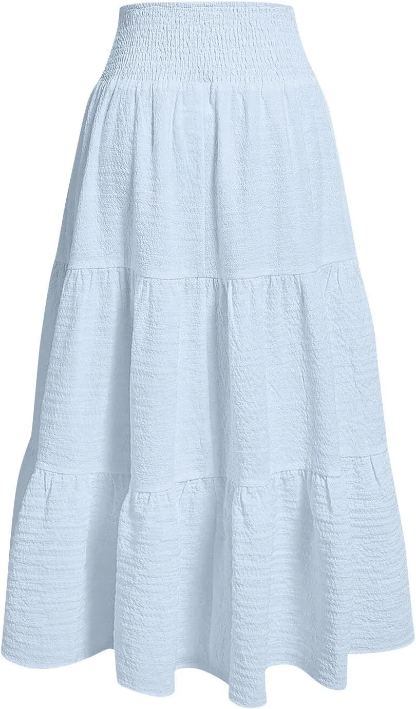 Maxi Skirts for Women 2025 Long Flowy Tiered Ruffle Linen Skirt Beach Summer A-Line Elastic High Waisted Skirts