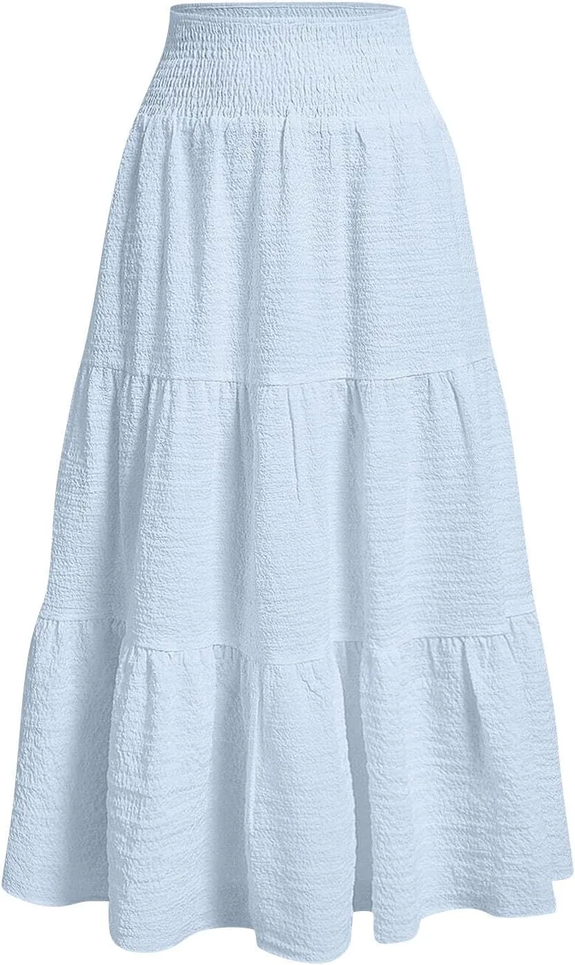 Maxi Skirts for Women 2025 Long Flowy Tiered Ruffle Linen Skirt Beach Summer A-Line Elastic High Waisted Skirts