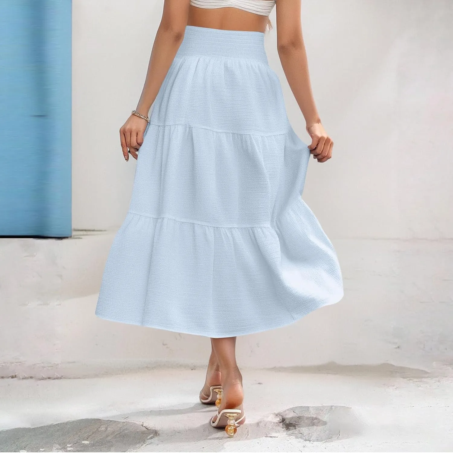 Maxi Skirts for Women 2025 Long Flowy Tiered Ruffle Linen Skirt Beach Summer A-Line Elastic High Waisted Skirts