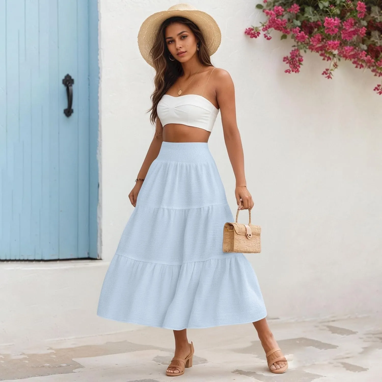 Maxi Skirts for Women 2025 Long Flowy Tiered Ruffle Linen Skirt Beach Summer A-Line Elastic High Waisted Skirts