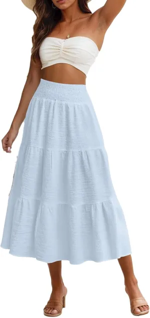 Maxi Skirts for Women 2025 Long Flowy Tiered Ruffle Linen Skirt Beach Summer A-Line Elastic High Waisted Skirts