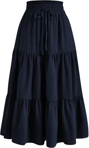 Maxi Skirts for Women Trendy Summer A Line Long Skirt Drawstring High Waisted Tiered Flowy Pleated Skirt with Pockets