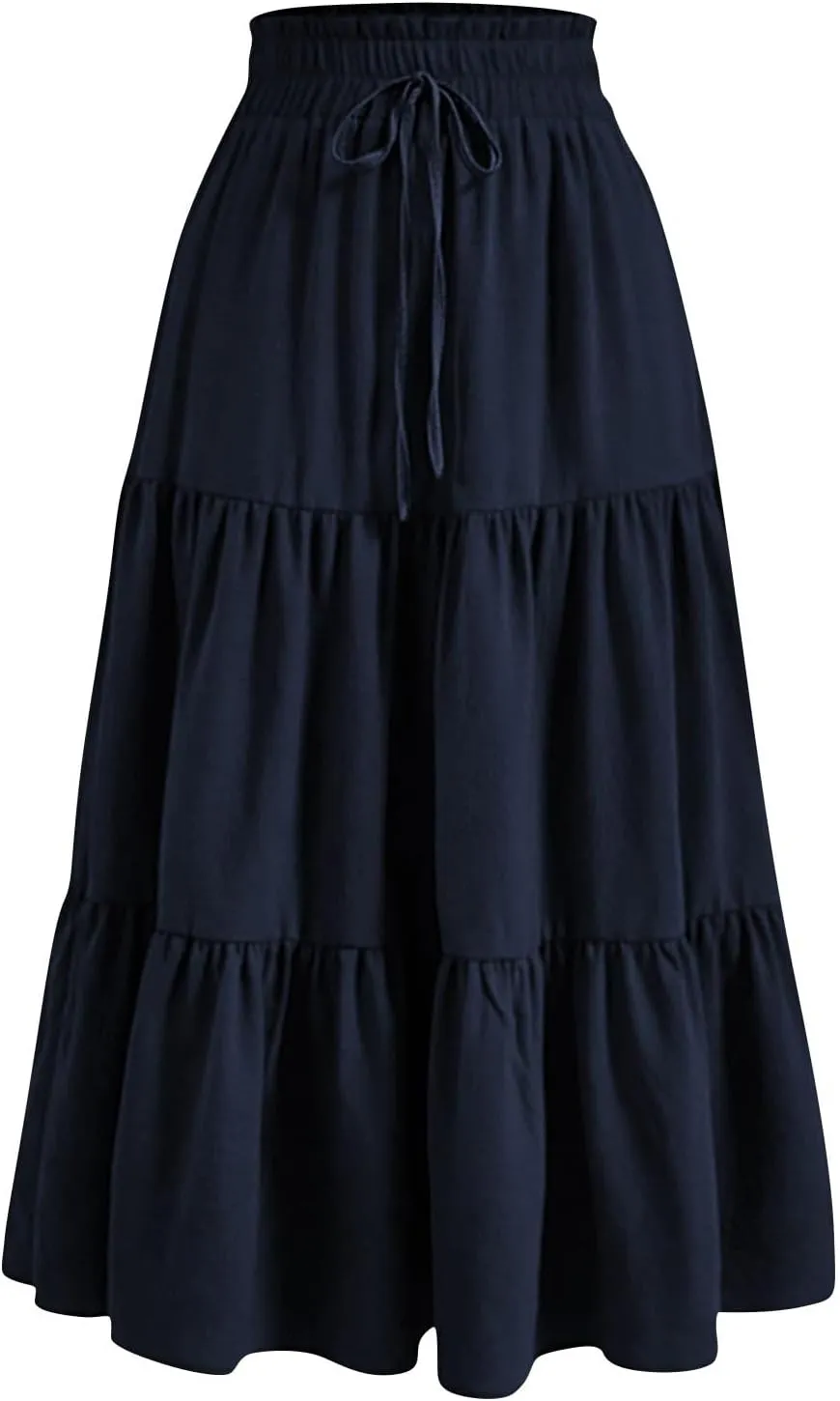 Maxi Skirts for Women Trendy Summer A Line Long Skirt Drawstring High Waisted Tiered Flowy Pleated Skirt with Pockets