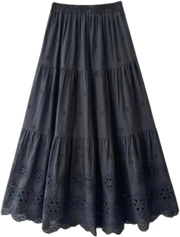 Melliflo Women's Embroidered Maxi Skirt Crochet Eyelet High Waist Tiered Skirts Boho A-line Western Summer Skirt