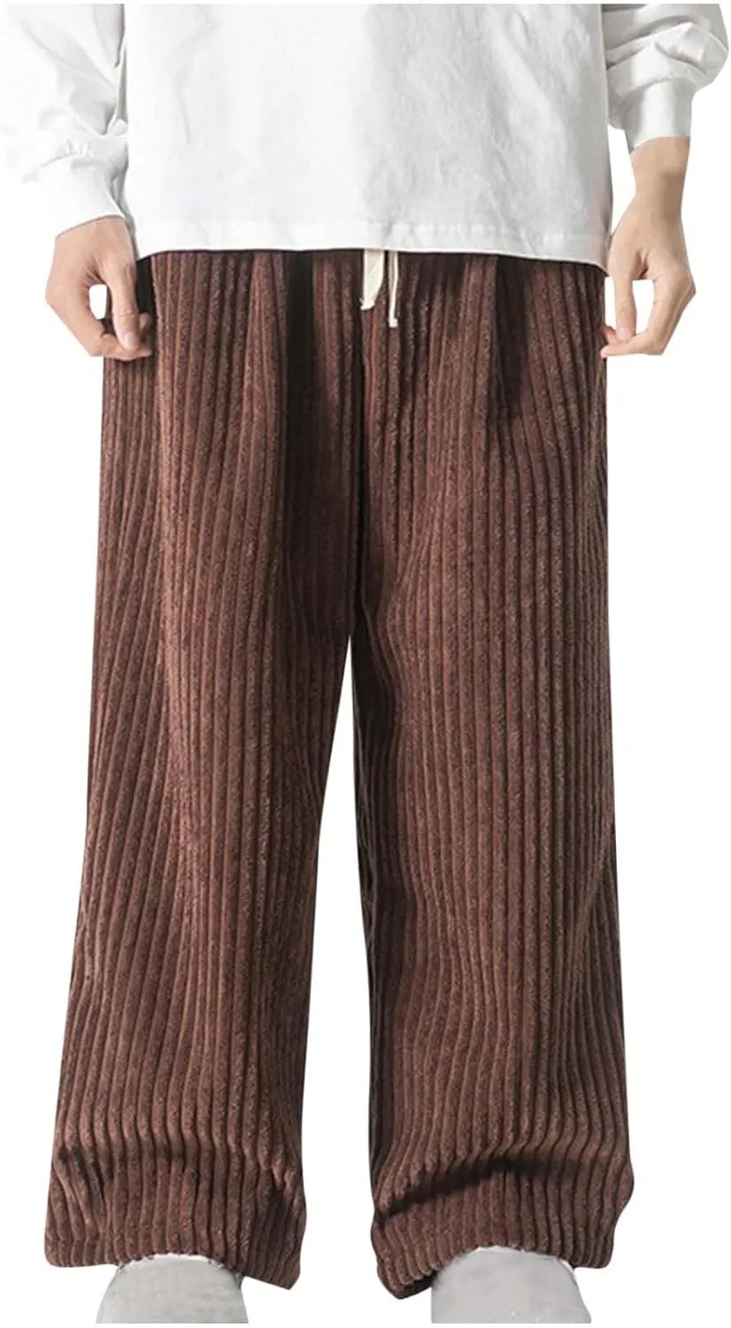 Men Corduroy Pants Relaxed Fit with Pockets Drawstring Elastic Breathable Comfort Summer Casual Fashion Trousers