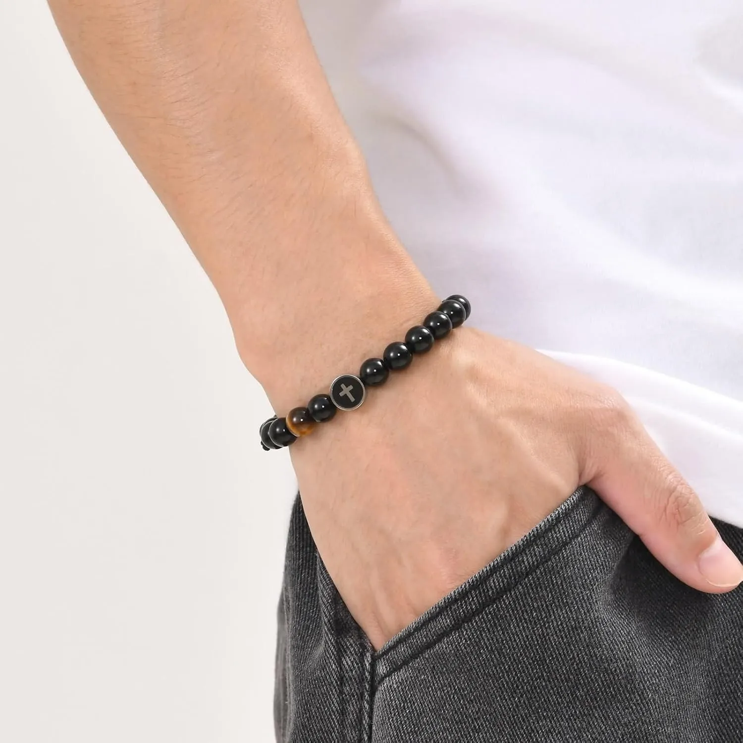 Men Stainless Steel Bracelets, Men's Bracelets Cross Medal Bead Bracelet Bohemian Bracelets with Agate