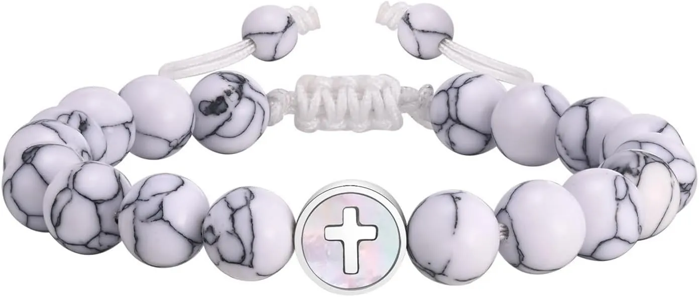 Men Stainless Steel Bracelets, Men's Bracelets Cross Medal Bead Bracelet Bohemian Bracelets with Agate
