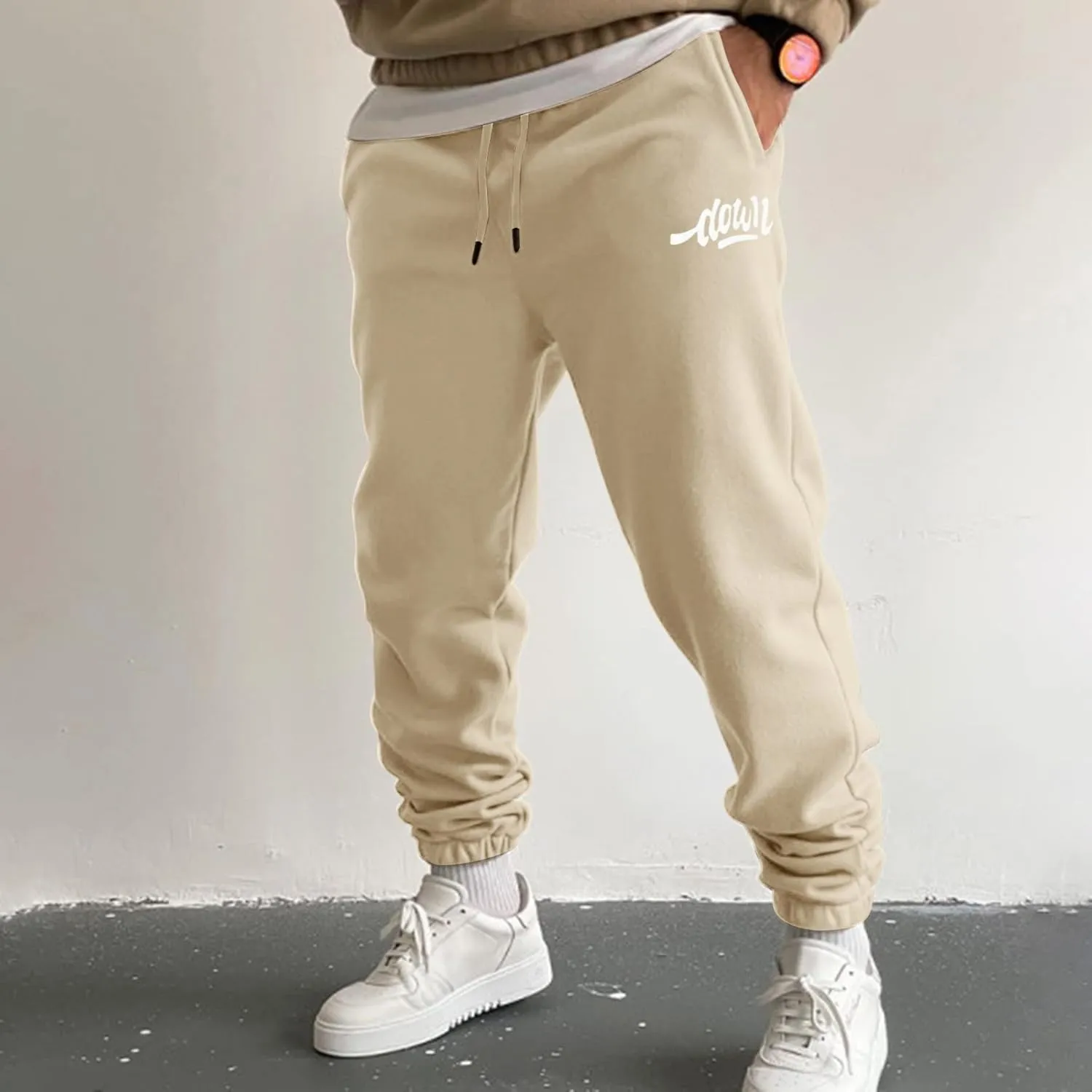 Mens Autumn and Winter High Street Fashion Leisure Loose Sports Running Solid Color Lace Up Pants Sweater Sport