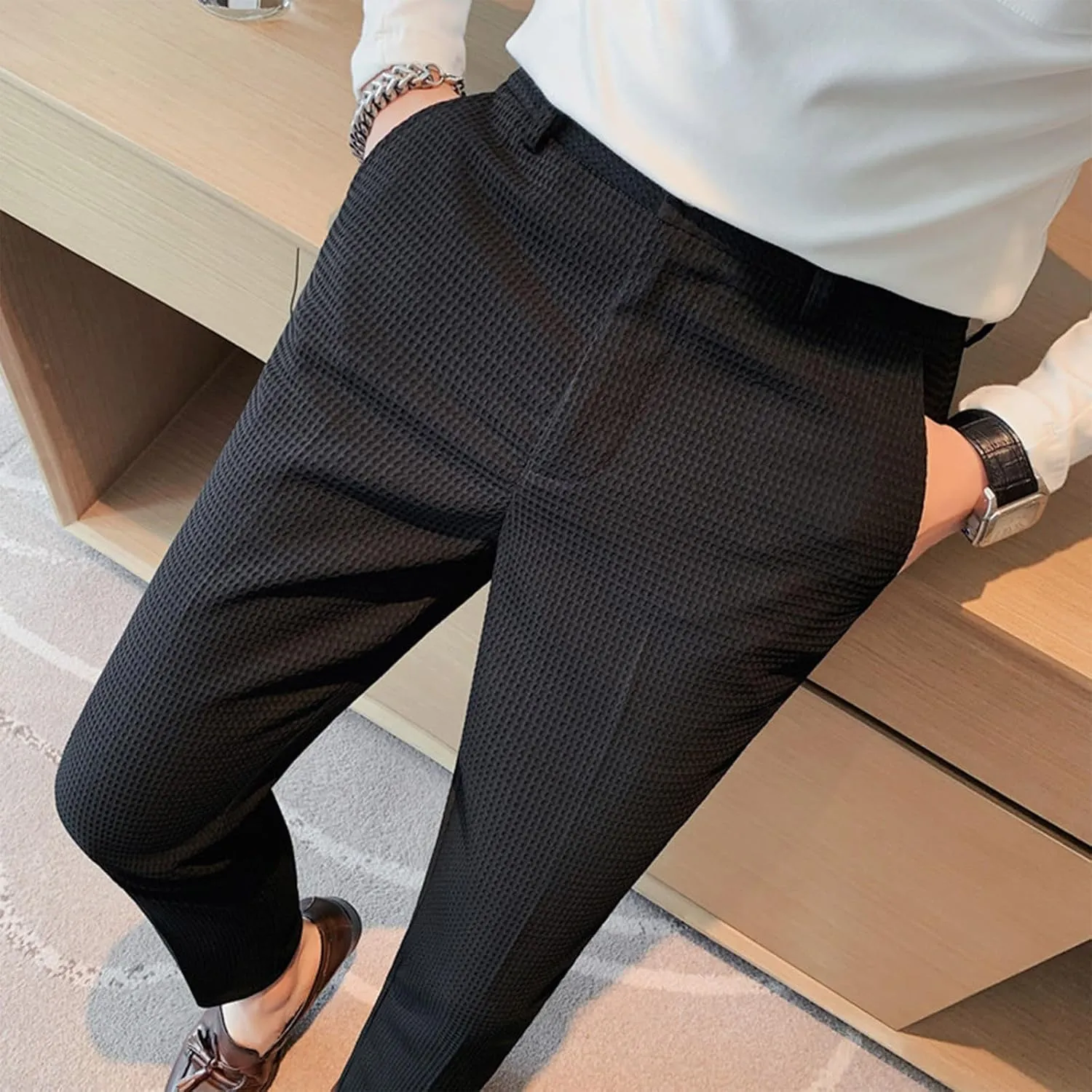 Men's Business Dress Suit Pants,Expandable Waist Chino Work Suit Pants Classic Slim Fit Straight Leg Suit Trousers