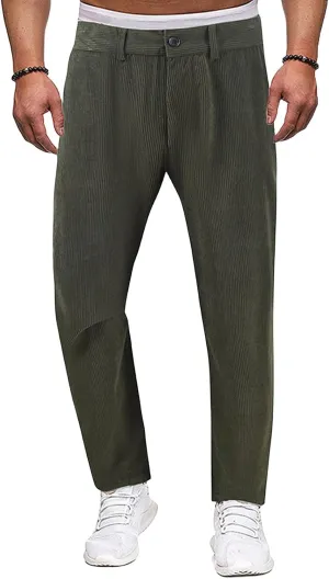 Men's Button Corduroy Pants Regular Fit Casual Elastic Waist Straight Leg Pants for Casual Wear Everyday
