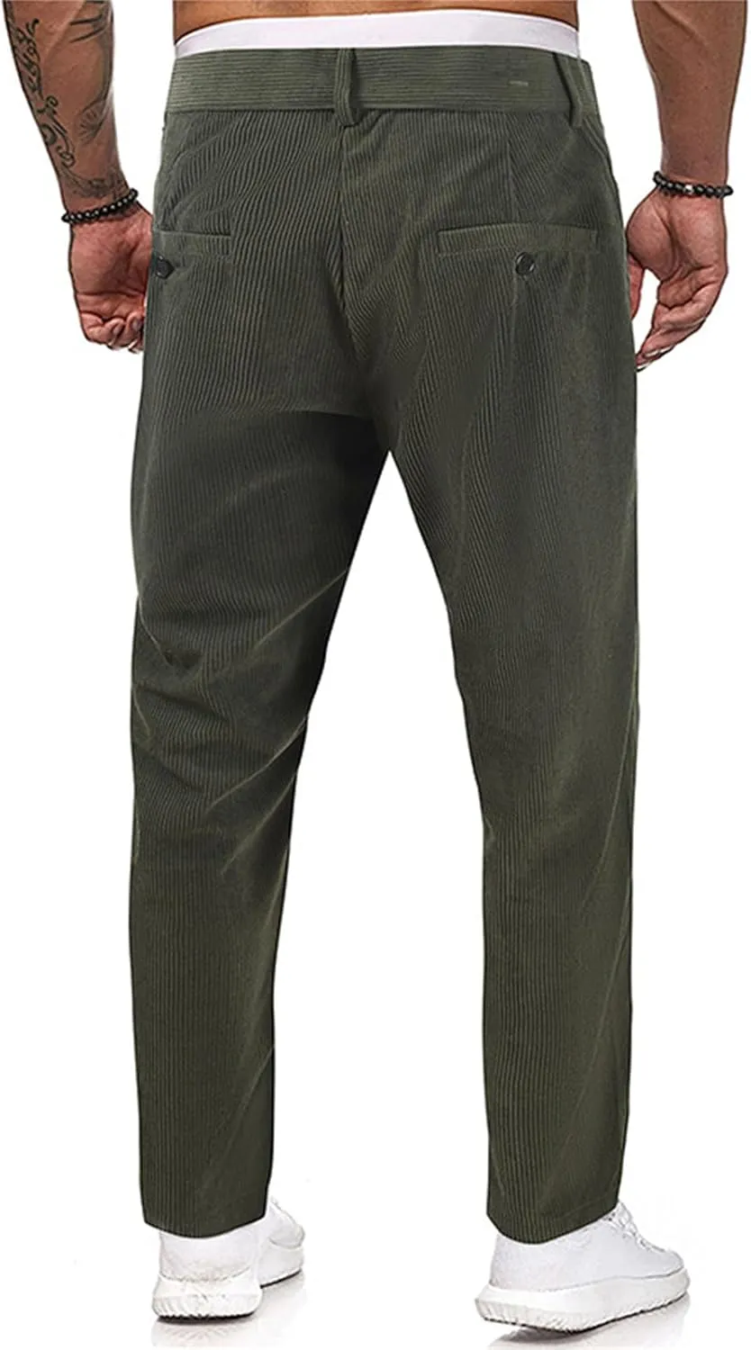 Men's Button Corduroy Pants Regular Fit Casual Elastic Waist Straight Leg Pants for Casual Wear Everyday