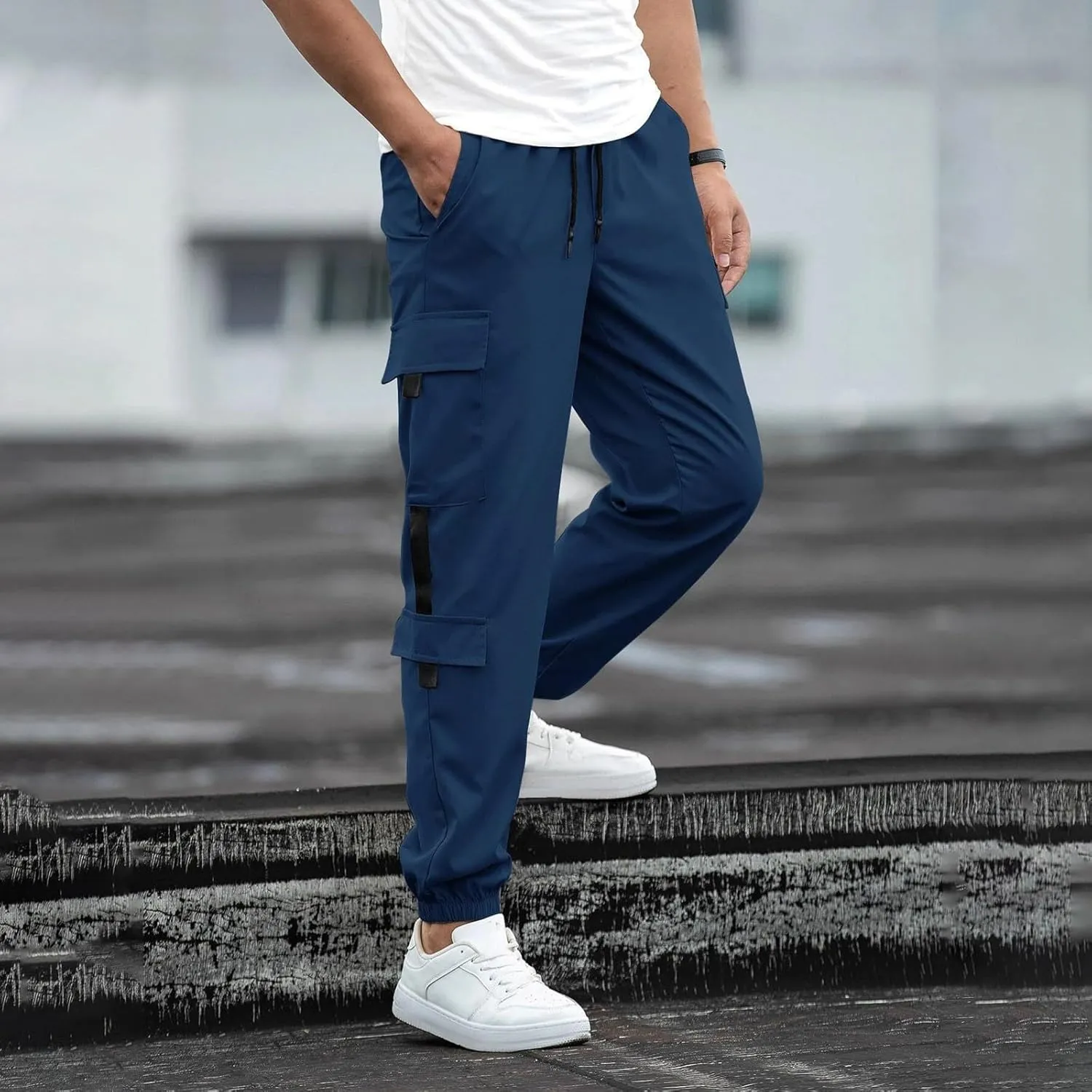 Mens Cargo Sweatpants with Pockets Elastic Waisted Lightweight Joggers Casual Relaxed Fit Drawstring Stretch Jogging Trousers