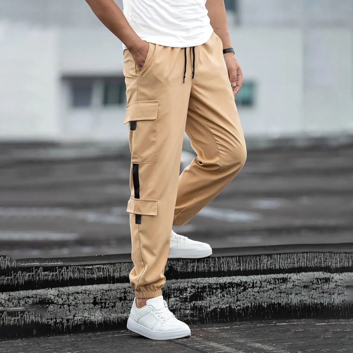 Mens Cargo Sweatpants with Pockets Elastic Waisted Lightweight Joggers Casual Relaxed Fit Drawstring Stretch Jogging Trousers