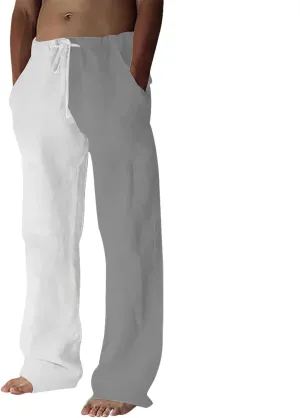 Mens Casual Linen Pants Summer Hawaiian Pants Vacation Trousers Drawstring Elastic Waist Relaxed Fit Pants Chino Pants Slim Fit