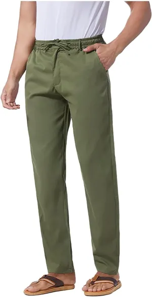 Men's Casual Pants Cotton Twill Linen Relaxed Fit Options with Elastic Waist Drawstring Pockets for Everyday Wear