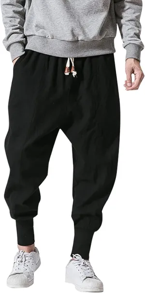Mens Casual Pants Elastic Waist Drawstring Baggy Tapered Trousers Drawstring Lightweight Casual Harem Pants with Pockets