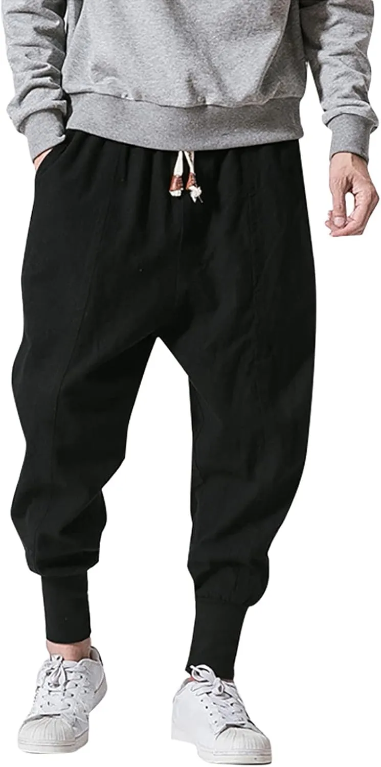 Mens Casual Pants Elastic Waist Drawstring Baggy Tapered Trousers Drawstring Lightweight Casual Harem Pants with Pockets