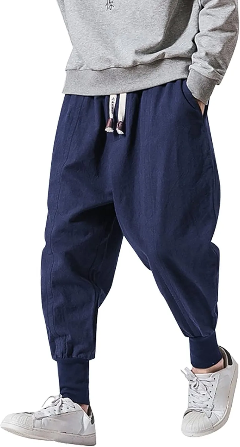 Mens Casual Pants Elastic Waist Drawstring Baggy Tapered Trousers Drawstring Lightweight Casual Harem Pants with Pockets
