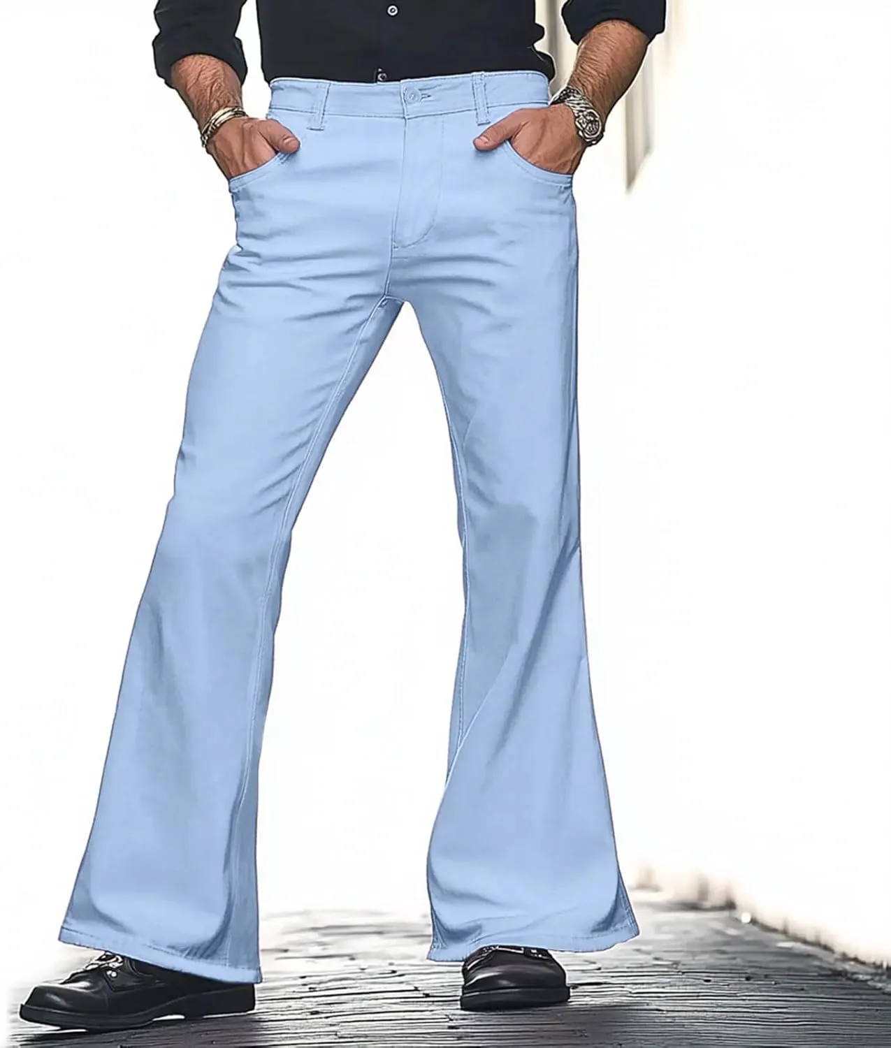 Mens Casual Pants Flare Pants Solid Color Outdoor Stretch Comfortable Hiking Comfy Wide Leg Disco Pant with Pockets