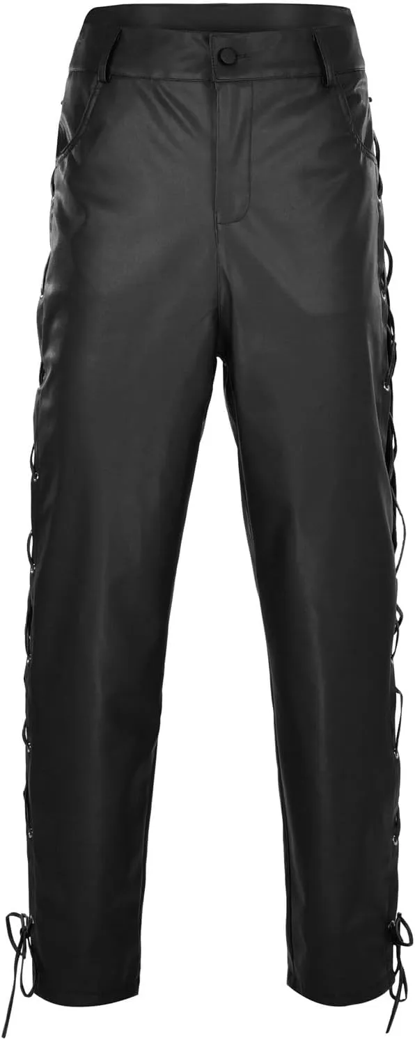 Mens Casual Pants Leather Pants Solid Color Youth Faux Sports Elastic Waist Slim Fit Cargo Running Pant with Pockets