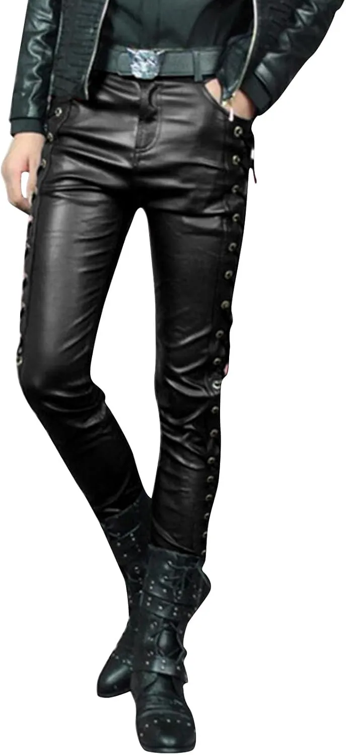 Mens Casual Pants Leather Pants Solid Color Youth Faux Sports Elastic Waist Slim Fit Cargo Running Pant with Pockets