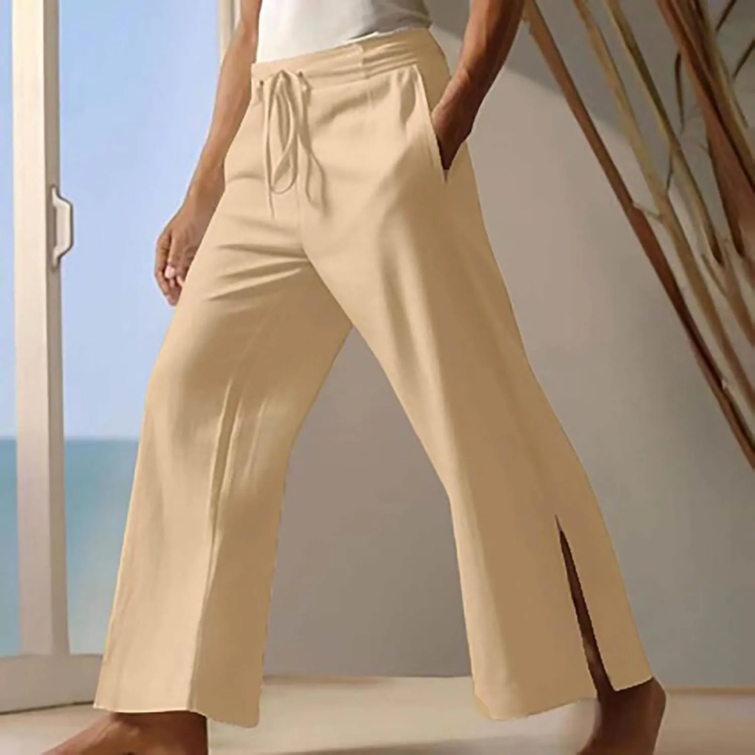 Men's Casual Pants Wide Leg Big and Tall Stretch Bell Bottoms Trousers Lightweight Relaxed Fit Drawstring Elastic Waist Pants