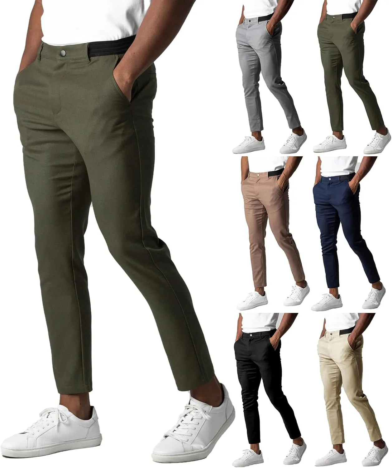 Mens Casual Stretch Chino Dress Pants Classic Active Slim Fit Elasticity Trousers Stretch Flat-Front Tapered Slacks