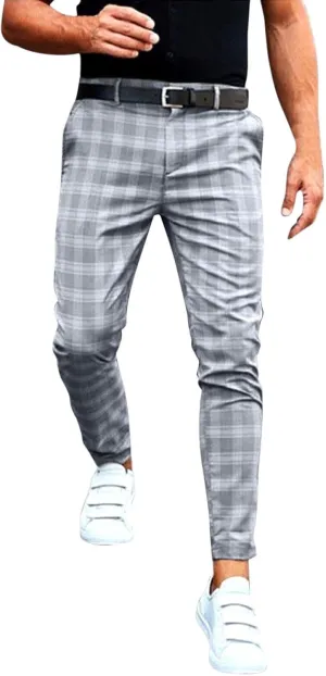 Mens Chinos Slim Fit Pants Flat Front Skinny Tapered Dress Pants Plaid Skinny Long Pants Business Golf Dress Pants