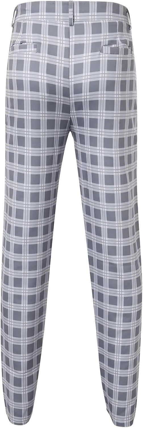 Mens Chinos Slim Fit Pants Flat Front Skinny Tapered Dress Pants Plaid Skinny Long Pants Business Golf Dress Pants