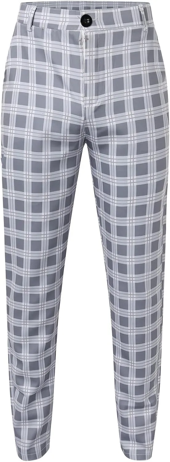 Mens Chinos Slim Fit Pants Flat Front Skinny Tapered Dress Pants Plaid Skinny Long Pants Business Golf Dress Pants