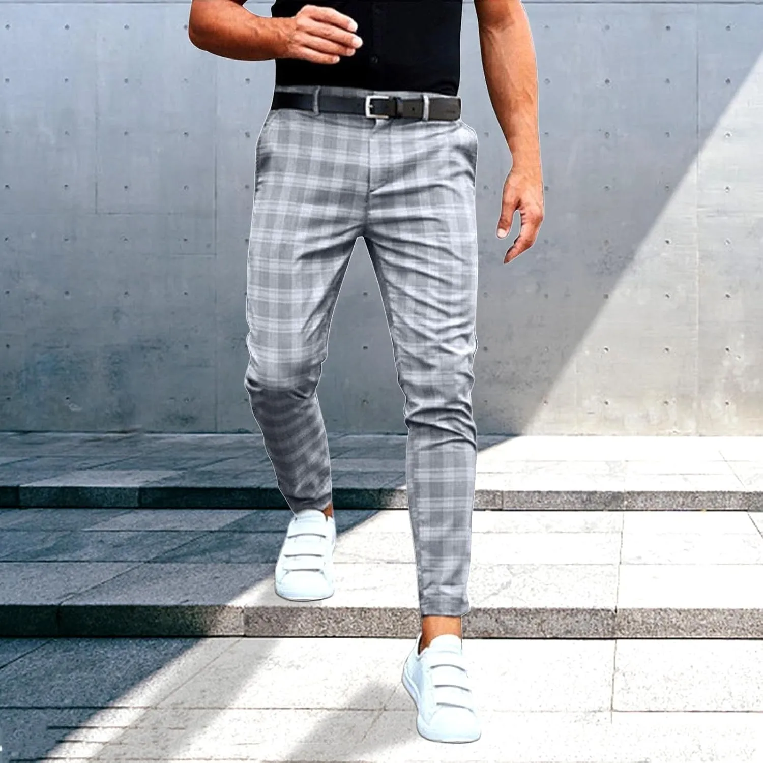 Mens Chinos Slim Fit Pants Flat Front Skinny Tapered Dress Pants Plaid Skinny Long Pants Business Golf Dress Pants